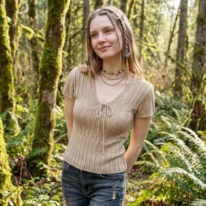 Say What? Pointelle Knit Tie Front Top Women's Sz S M Tan Vintage Y2K coquette